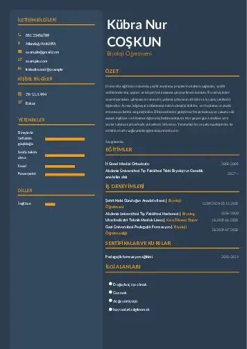 Biyoloji Öğretmeni CV Örnekleri cv indir